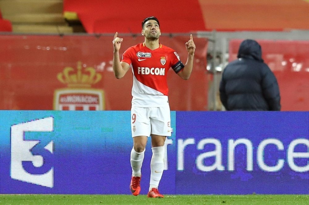 Le capitaine de Monaco Radamel Falcao, exulte après avoir inscrit un but contre Montpellier. AFP