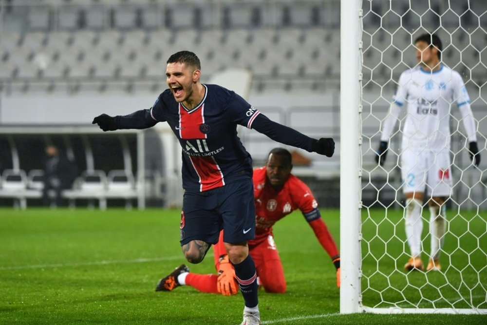 La finition de Mauro Icardi face à Montpellier en Ligue 1. AFP