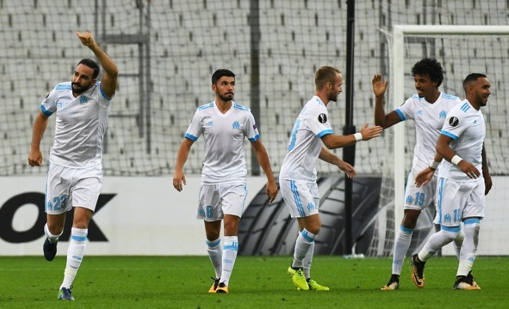Adil Rami inscrit l'unique but de la rencontre face à Konyaspor en Europa League au Vélodrome. AFP