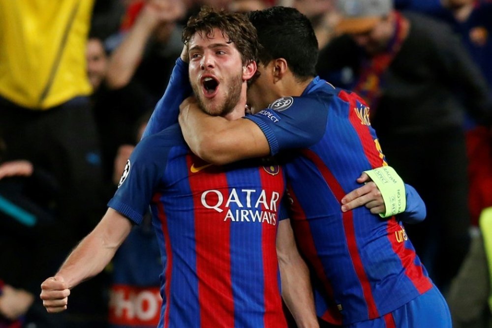 La joie du milieu du Barça Sergi Roberto après avoir inscrit un but face au PSG en C1. AFP