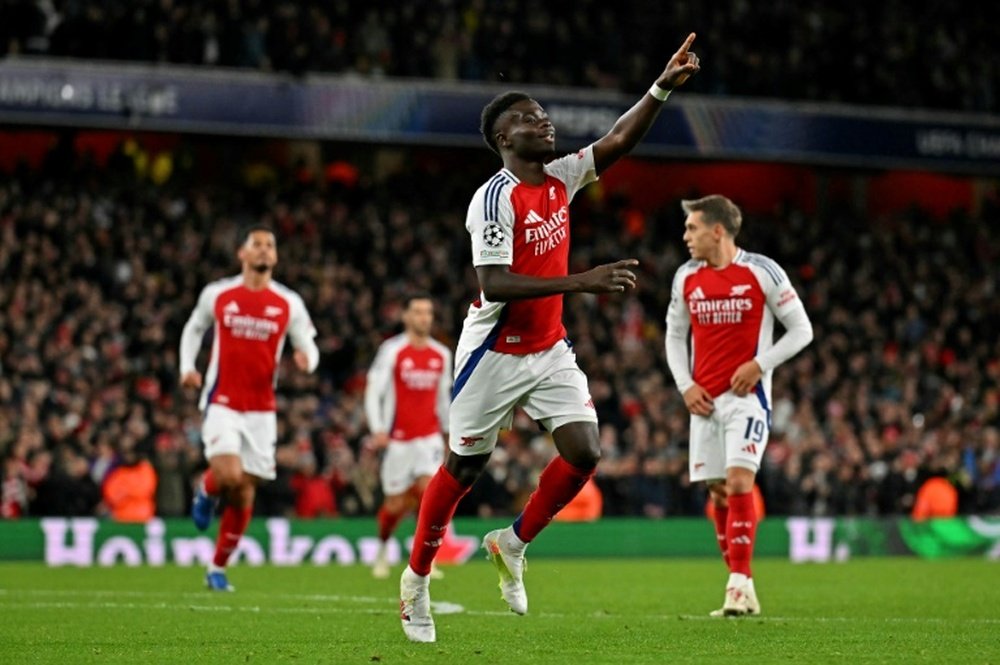 Le milieu offensif d'Arsenal Bukayo Saka après avoir inscrit un but. AFP