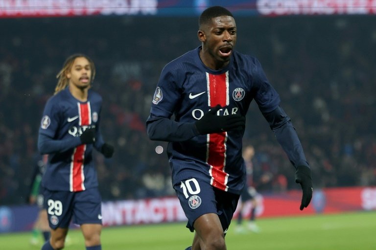 Ousmane Dembele scored twice in the first half as Paris Saint-Germain beat Saint-Etienne 2-1 on Sunday to sit seven points clear at the top of the Ligue 1 table halfway through the season.