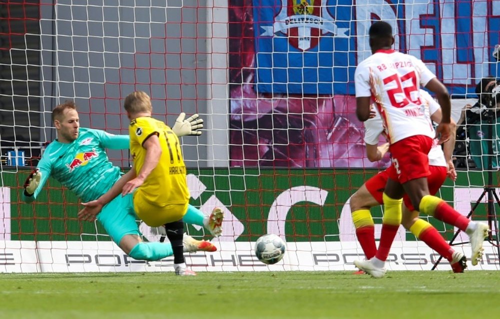Erling Haaland marcou dois gols contra o RB Leipzig. AFP