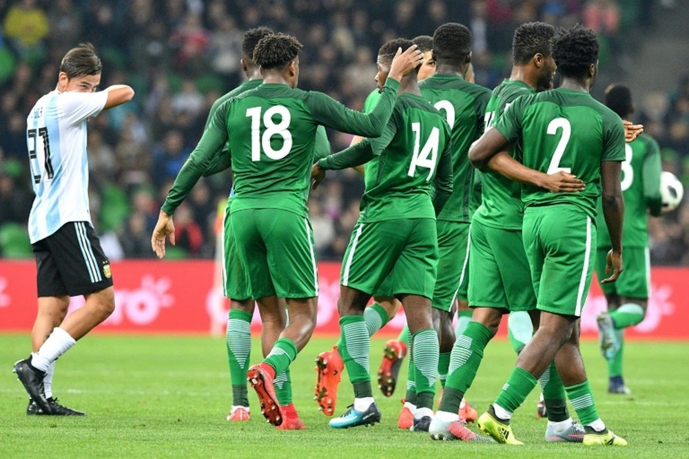 Les Nigérians après un de leurs 4 buts contre lArgentine en amical. AFP