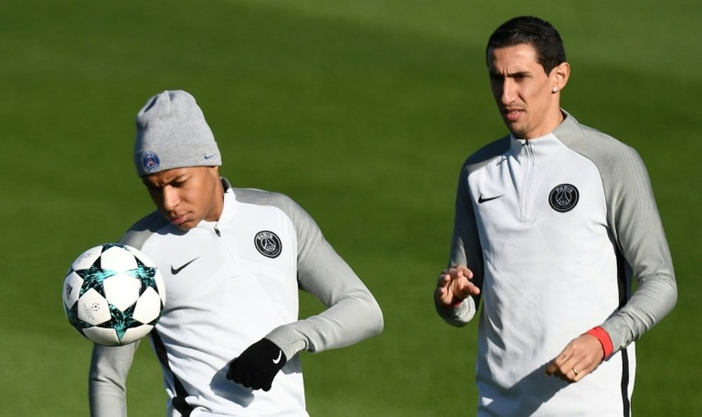 Les Parisiens Kylian Mbappé et Angel Di María à la veille du match face à Anderlecht. AFP