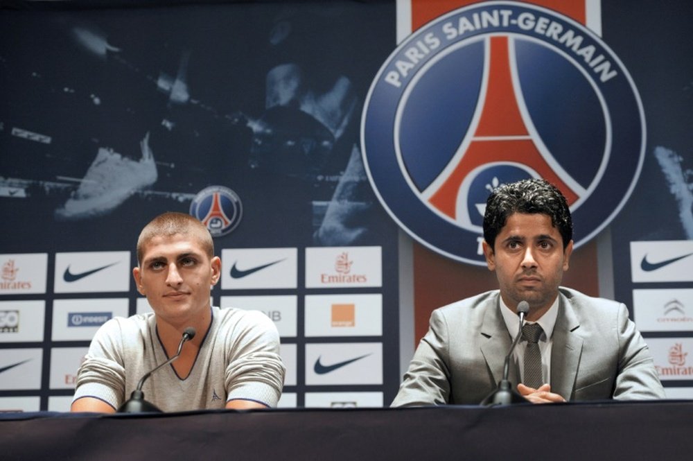 Le patron du PSG Nasser Al-Khelaïfi lors de la présentation de la jeune recrue Marco Verratti. AFP