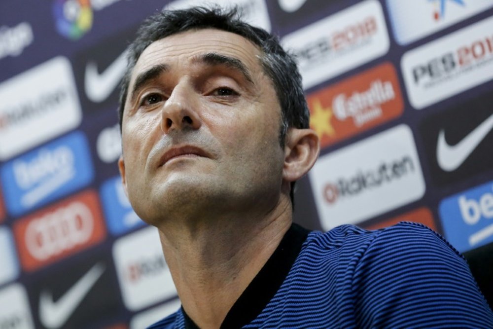 L'entraîneur du FC Barcelone Ernestro Valverde, lors de la conférence de presse. AFP