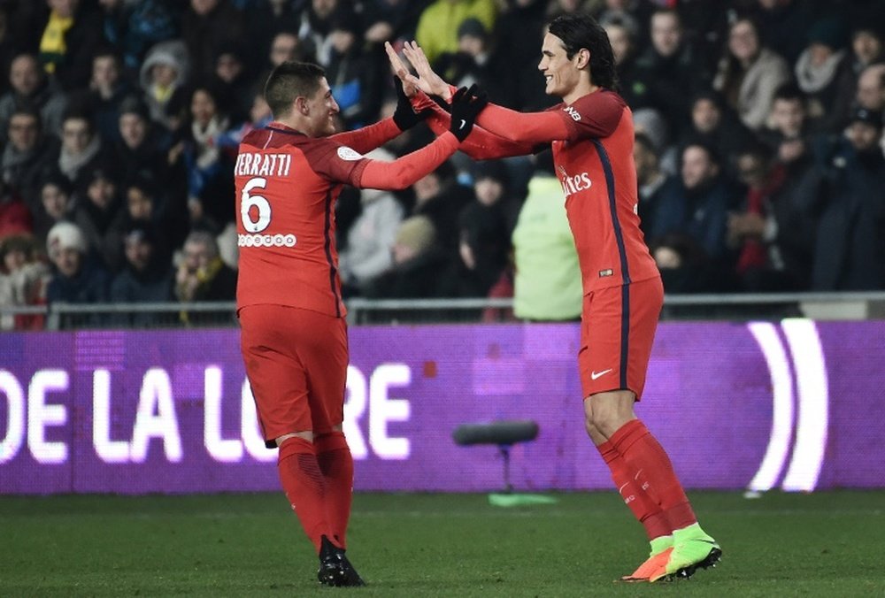 Les Parisiens Edinson Cavani et Marco Verratti, lors d'un match de Ligue 1 à Nantes. AFP