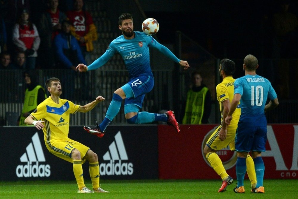 Giroud got his 100th Arsenal goal against BATE. AFP