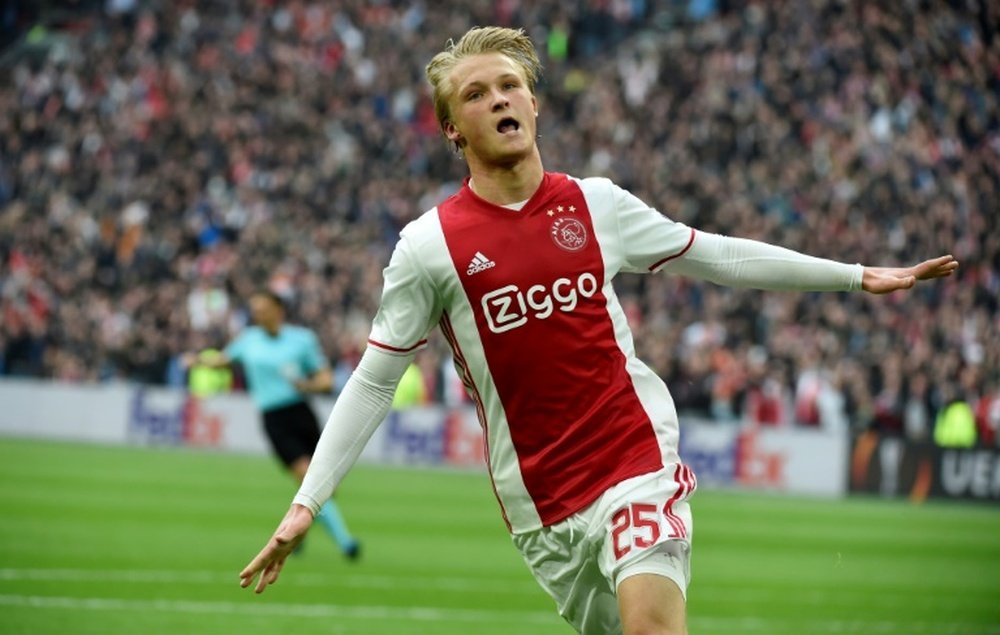 L'attaquant danois de l'Ajax Kasper Dolberg après un but contre l'OL en Europa League. AFP