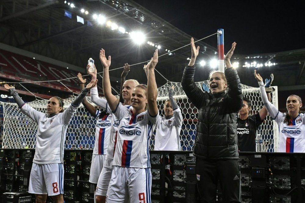 La joie des Lyonnaises qualifiées pour la finale de la Ligue des champions. AFP