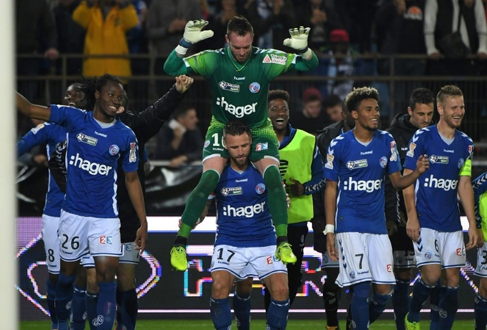 La joie des Strasbourgeois après leur succès face à Saint-Etienne en Coupe de la Ligue. AFP