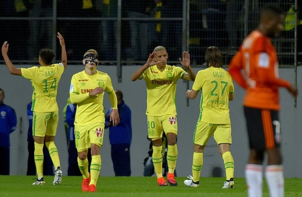 L'attaquant Yacine Bammou (N.10) après avoir ouvert le score pour Nantes à Lorient. AFP