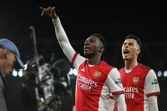 Eddie Nketiah scored twice as Arsenal beat Leeds. AFP