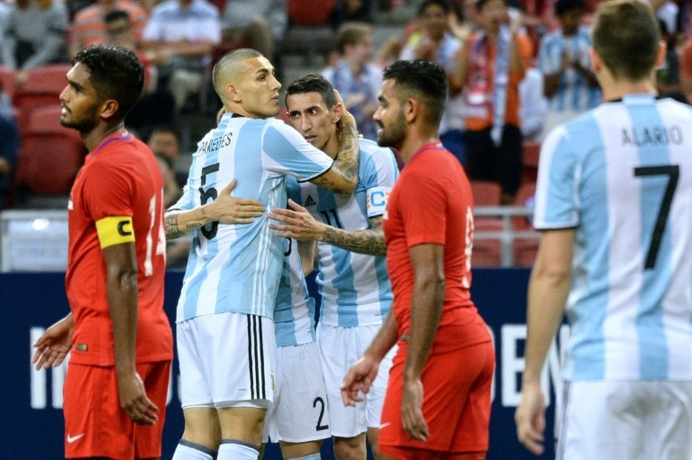 Di Maria celebra el sexto gol de Argentina. AFP