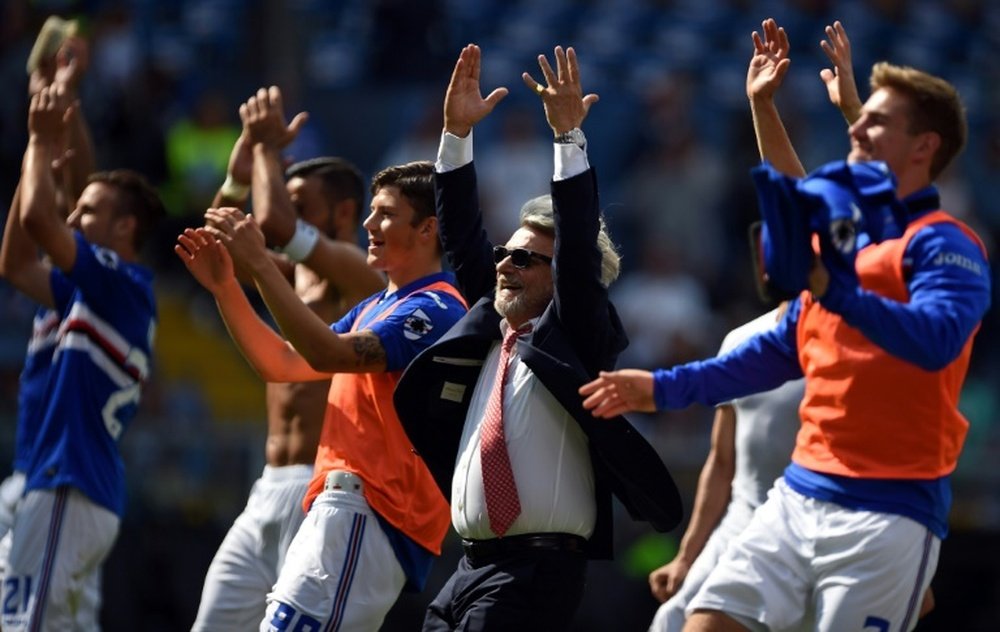 Le président de la Sampdoria Massimo Ferrero fête la victoire face à l'AC Milan. AFP