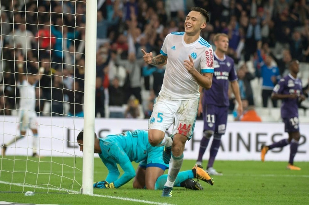 Lucas Ocampos, Argentin de Marseille, célèbre son but de 2-0 face à Toulouse. AFP