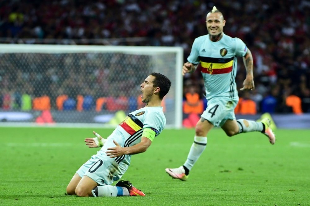 Hazard exulte après avoir inscrit le 3e des 4 buts de la Belgique contre la Hongrie à l'Euro. AFP