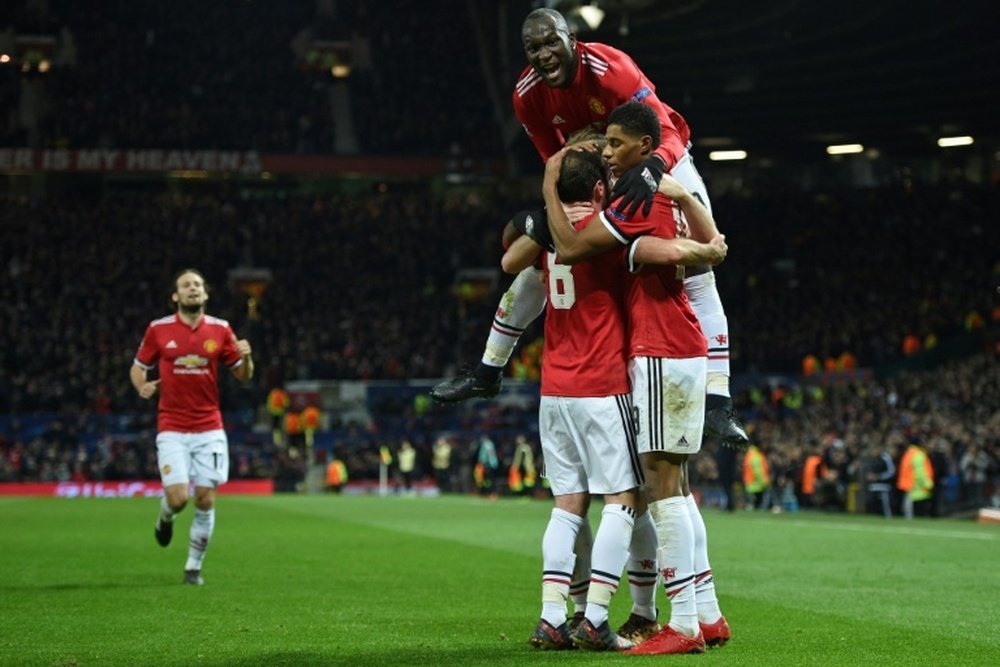Les joueurs de Manchester United euphoriques après un but inscrit par Marcus Rashford. AFP