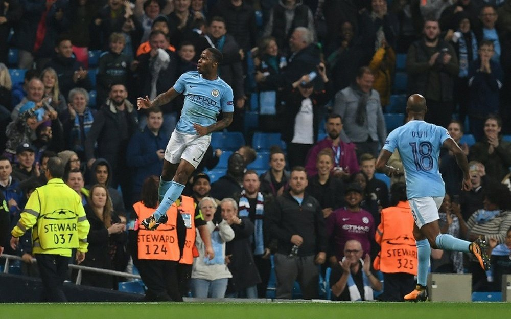 Sterling celebrates scoring the second goal in his side's 2-0 victory over Shakhtar Donetsk. AFP