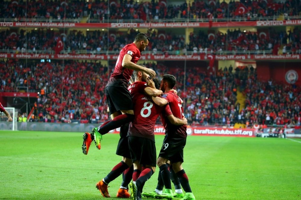 Célébration des Turcs après un but de Cenk Tosun contre la Finlande. AFP