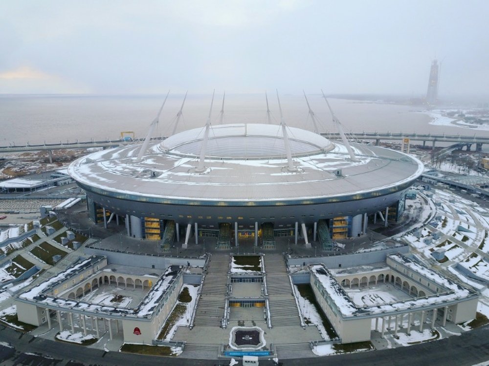 La Zenit Arena en phase d'achèvement à Saint-Pétersbourg le 15 avril 2017. AFP