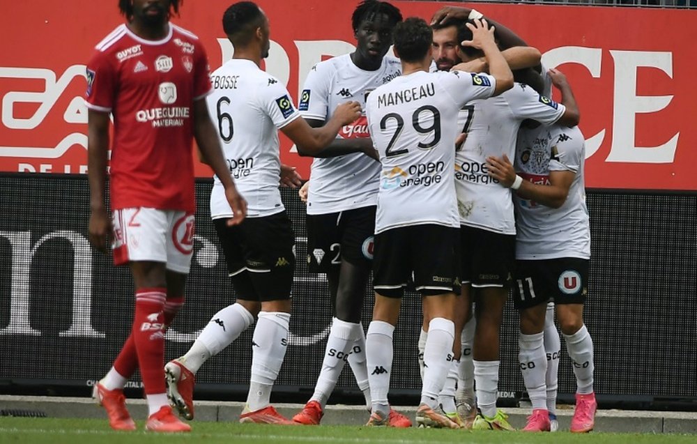 La joie des joueurs d'Angers sur le but de l'égalisation face à Brest. AFP