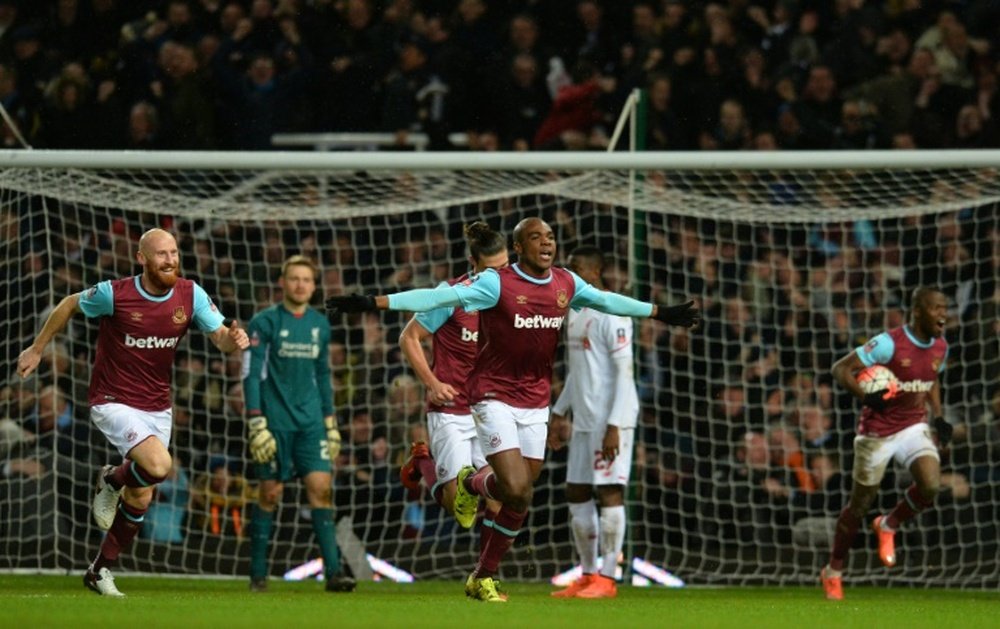 Angelo Ogbonna celebra el gol de la victoria del West Ham ante el Liverpool en la FA Cup. AFP