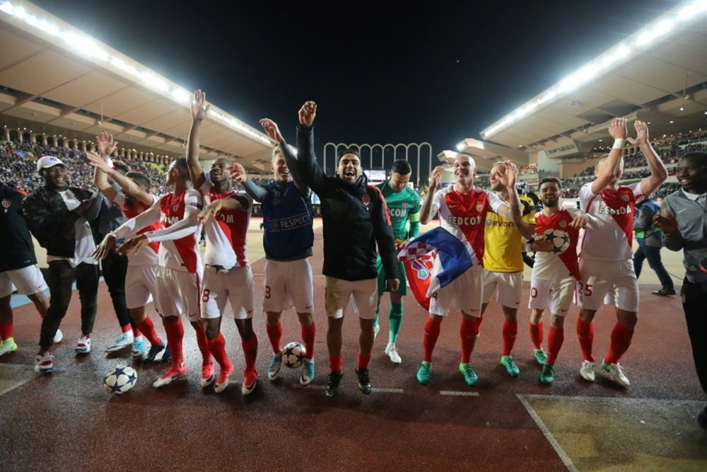 Les joueurs de Monaco exultent après avoir battu Dortmund en quart de finale retour de C1. AFP