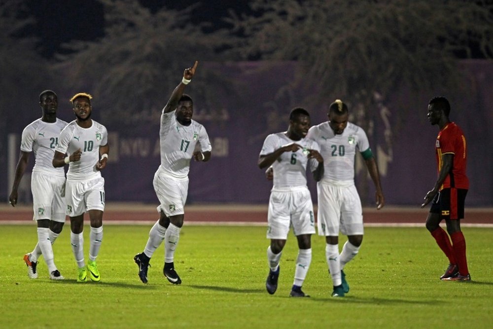 Serge Aurier célèbre son but du 3-0 pour la Côte d'Ivoire face à l'Ouganda à Abou Dhabi. AFP