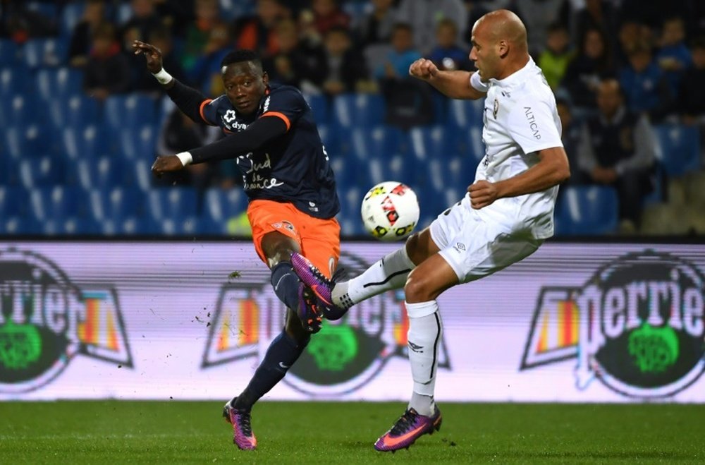 Casimir Ninga marque un but face à Caen, le 15 octobre 2016 à Montpellier. AFP