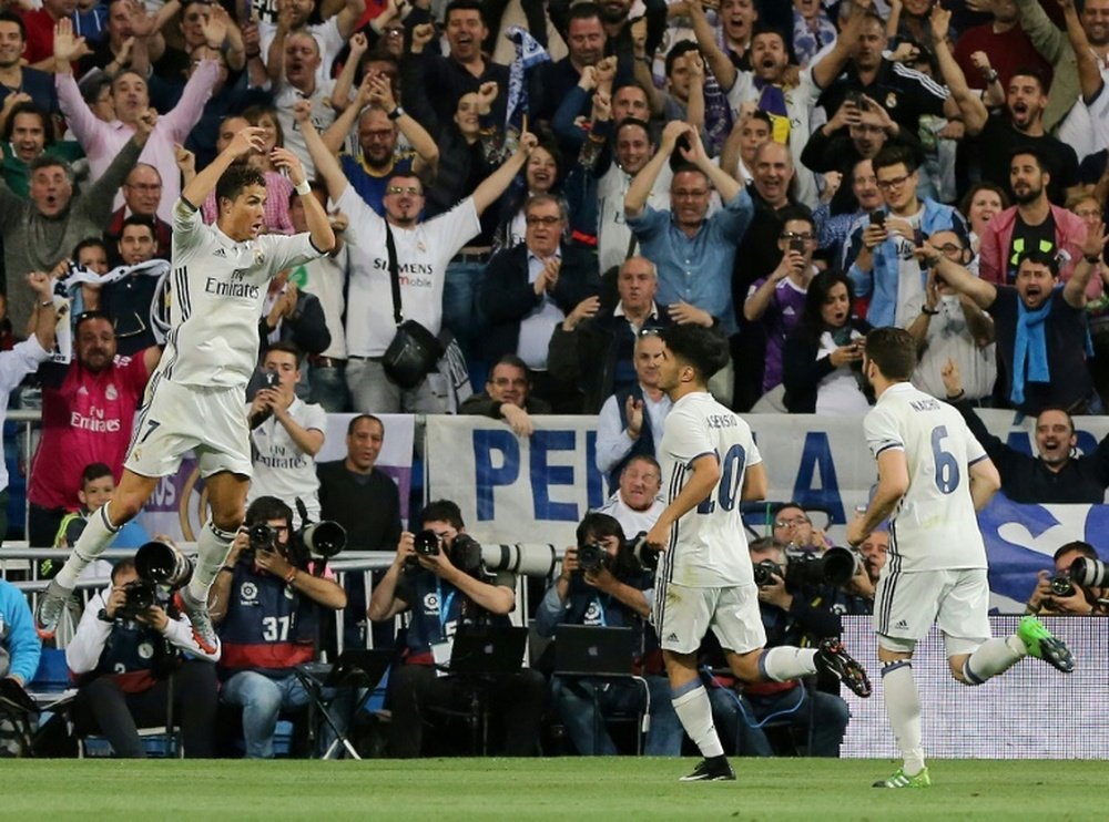 La joie de Cristiano Ronaldo auteur d'un doublé pour le Real contre le Séville FC à Bernabeu. AFP