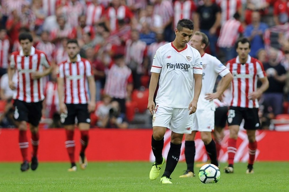 La déception de lattaquant du Séville FC Wissam Ben Yedder après un but inscrit par l'Athletic. AFP