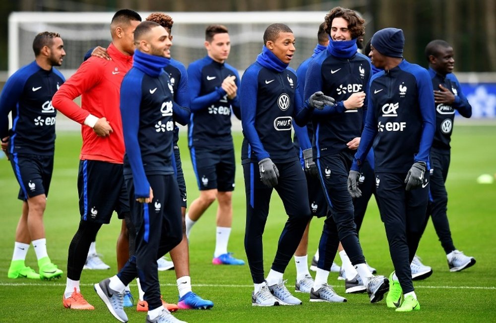 Les joueurs de l'équipe de France à lentraînement au centre de Clairefontaine, le 20 mars 2017. AFP