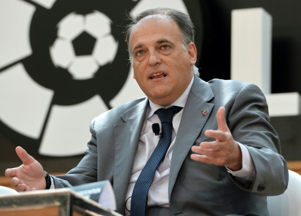 Le président de la Ligue espagnole de footbal Javier Tebas lors d'une allocution. AFP
