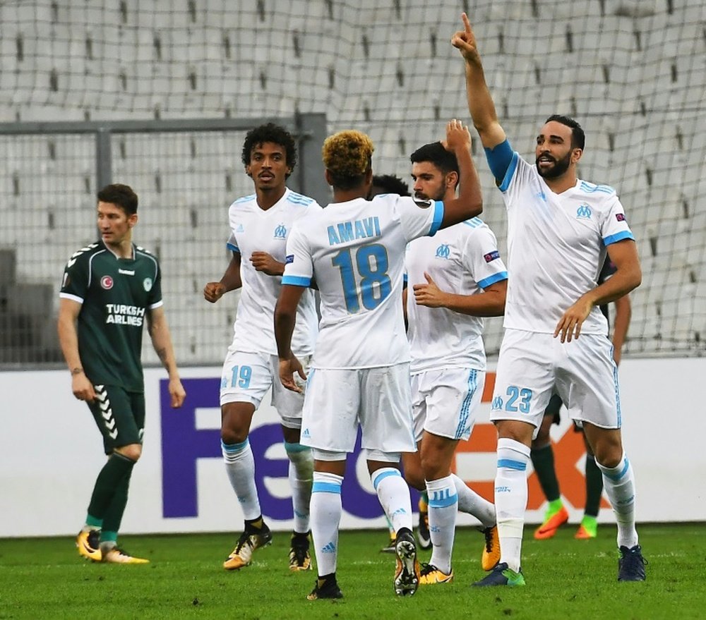 Adil Rami auteur de l'unique but du match face à Konyaspor en Europa League au Vélodrome. AFP