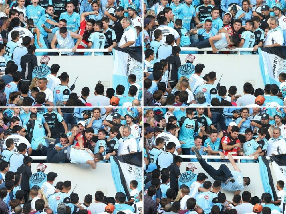Photo montage de la chute mortelle du supporter de Belgrano Emanuel Balbo. AFP
