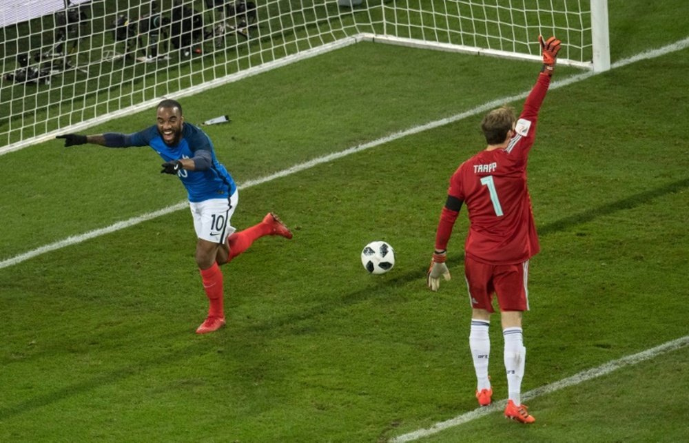 L'attaquant des Bleus Alexandre Lacazette après avoir marqué face à l'Allemagne, AFP