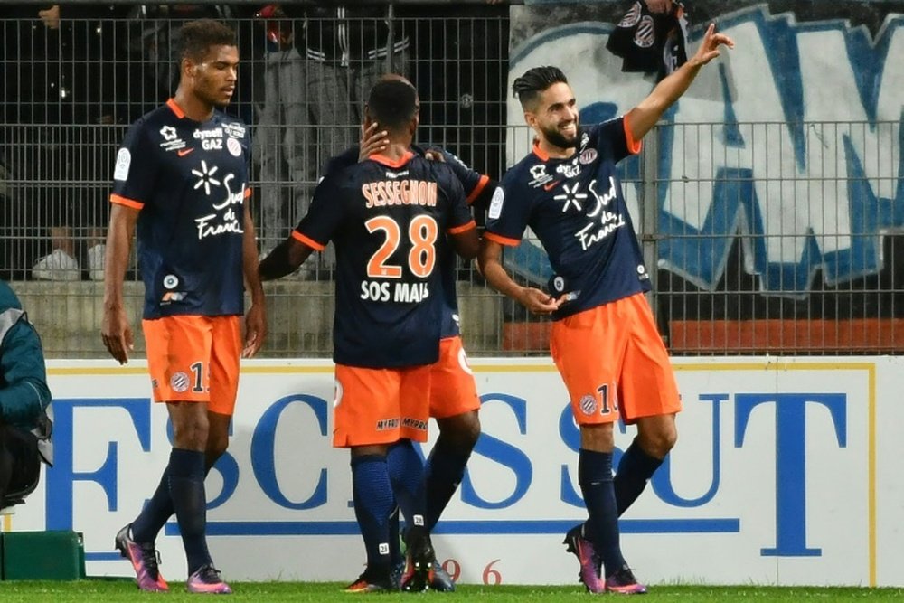 La joie des joueurs de Montpellier après un but contre l'OM, le 4 novembre 2016 à La Mosson. AFP