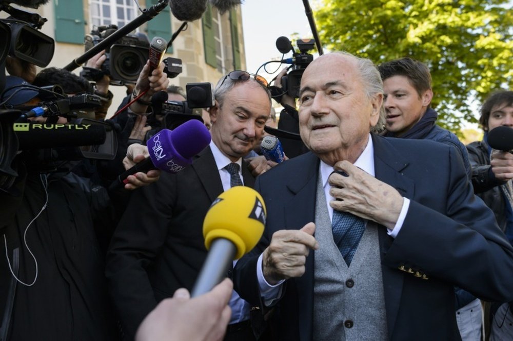 Sepp Blatter, lors de son premier passage devant le TAS à Lausanne, le 29 avril 2016. AFP