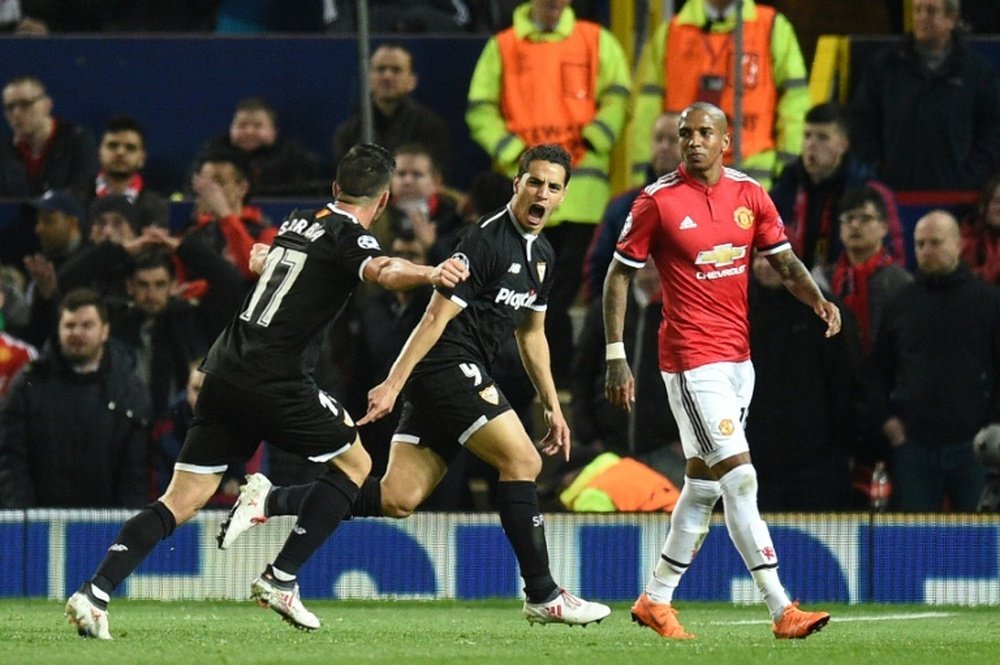 Wissam Ben Yedder, buteur en 8e de finale retour face à Manchester United. AFP