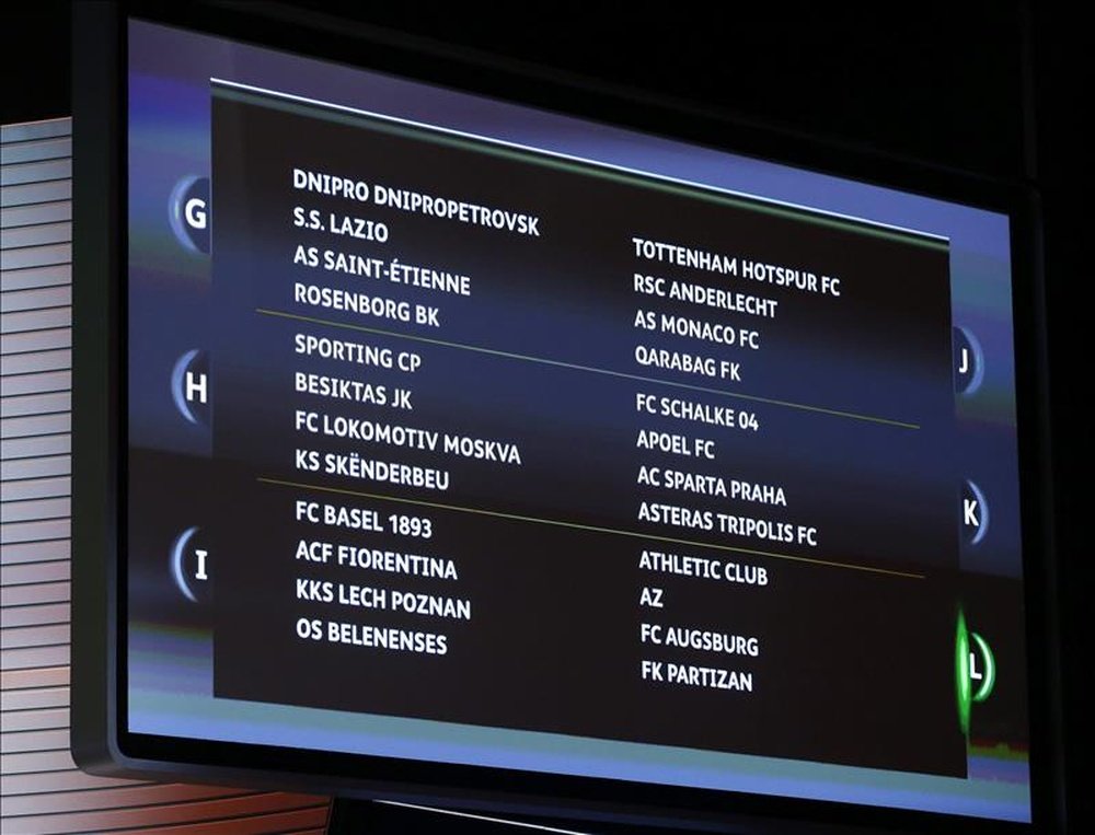 Detalle de una pantalla que muestra el resultado del sorteo de la Liga Europa celebrado en el Foro Grimaldi en Mónaco. EFE