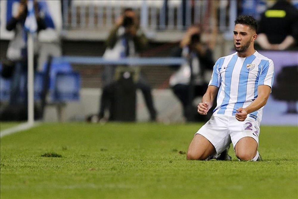 El delantero marroquí del Málaga, Adname Tighadouini en el estadio malacitano de la Rosaleda. EFE /Archivo