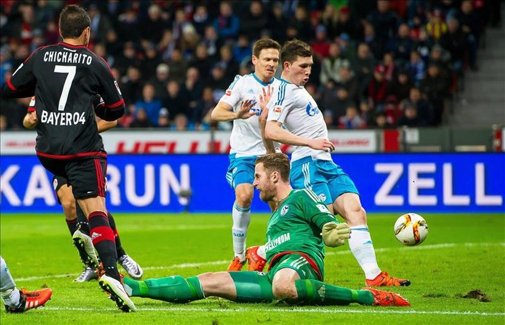 El delantero del Leverkusen Javier Hernandez (I) en acción ante el portero del Schalke Ralf Faehrmann (C) y Pierre-Emile Hojbjerg durante el partido de la Bundesliga que han jugado Bayer Leverkusen ay FC Schalke 04 en Leverkusen, Alemania. EFE/EPA