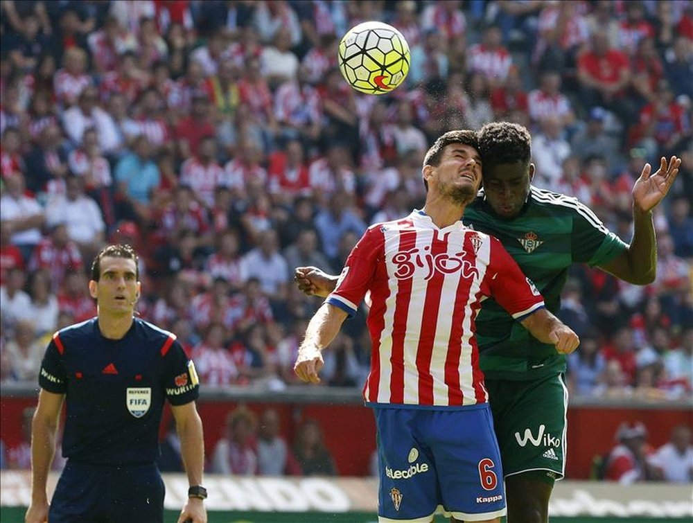 El centrocampista del Sporting de Gijón Sergio Álvarez (2d) lucha un balón con el centrocampista senegalés del Real Betis Alfred N'Diaye (d), durante el partido de la sexta jornada de Liga de Primera División disputado en el estadio El Molinón. EFE/Archivo