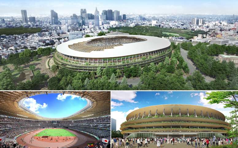 Fotografía facilitada por el Consejo de Deportes de Japón (JSC) de los dos proyectos finalistas seleccionados para la construcción del estadio para los Juegos Olímpicos de Tokio 2020, de los cuales se elegirá uno que se convertirá en la sede principal del evento deportivo. EFE