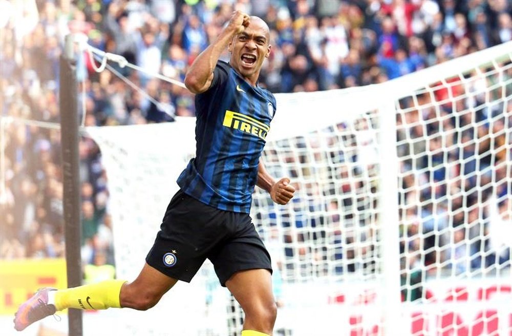 Joao Mario celebrating a goal for Inter against Cagliari. EFE/EPA