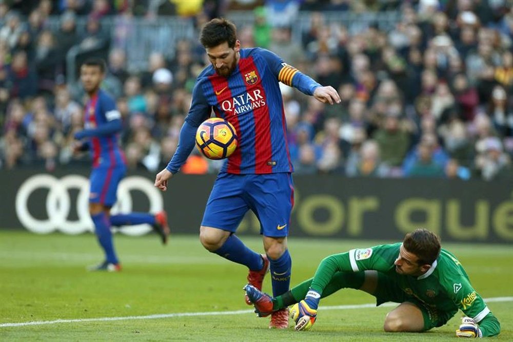 Messi trying to score a goal. AFP