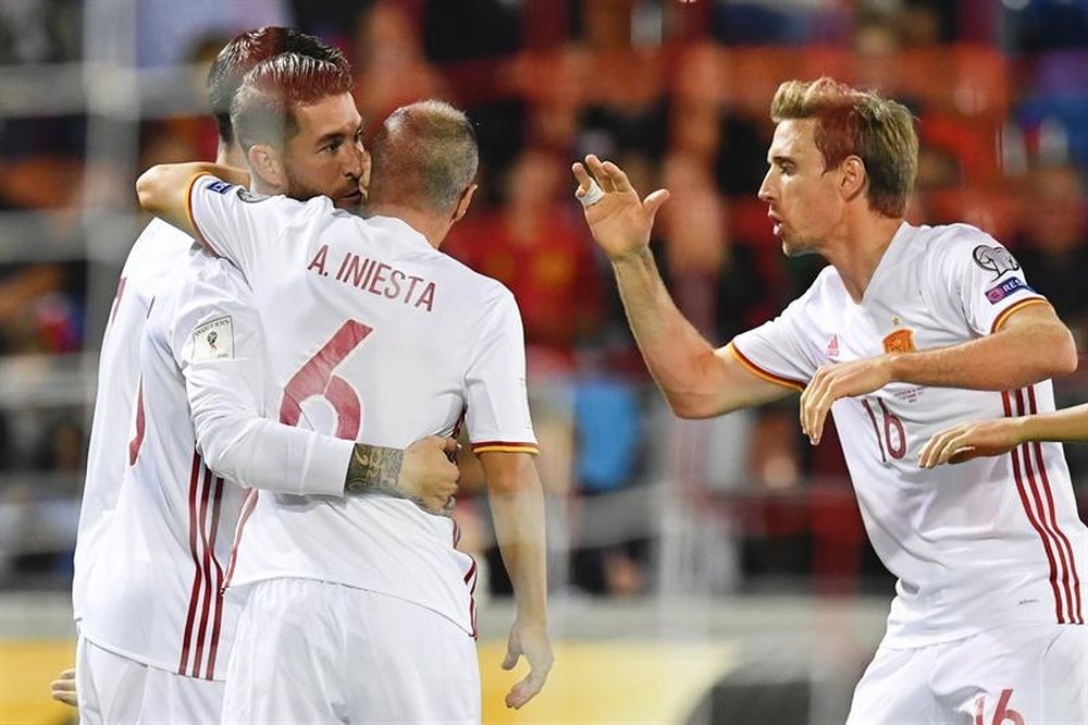 Ramos celebrates scoring Spain's first. EFE
