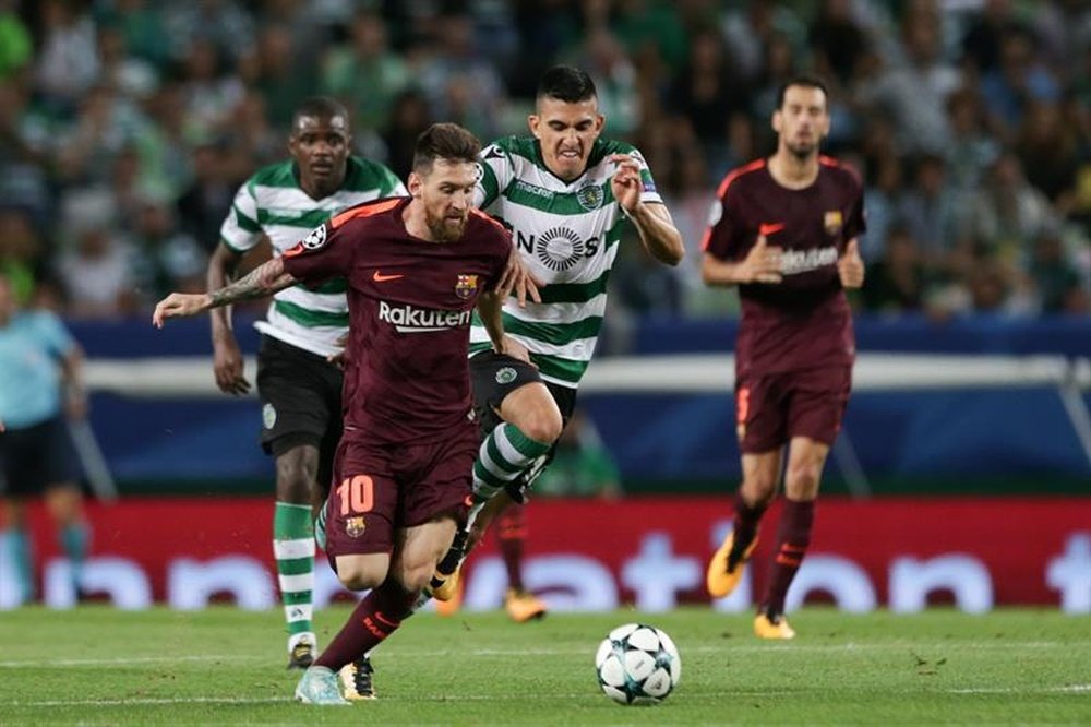 Battaglia hizo un marcaje individual a Messi en el Sporting-Barcelona de la Champions. EFE